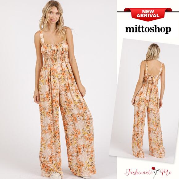 Mittoshop Flower Pattern Gathered Bust Sleeveless Wide Leg Jumpsuit | Ginger - Picture 1 of 6